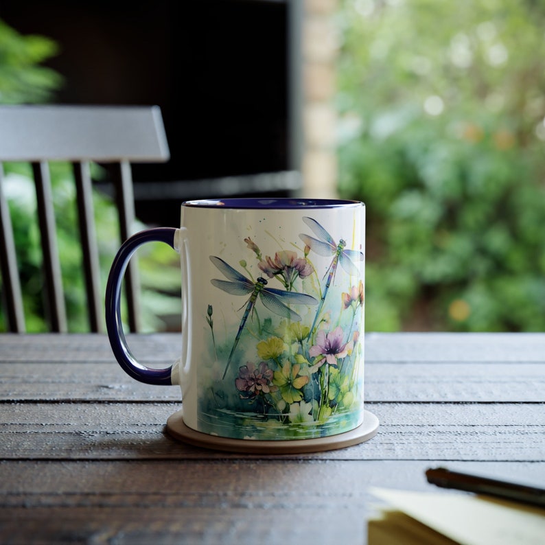 Dragonfly Watercolor Mug, Floral Ceramic Coffee Mug, Dragonfly Gift, Botanical Garden Mug, Nature Lover Gift, Gift for Her, Cottagecore Mug image 1