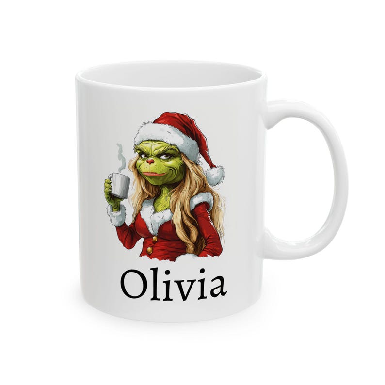 Personalized Female Grinch Mug, Ceramic Christmas Coffee Mug 11oz 15oz