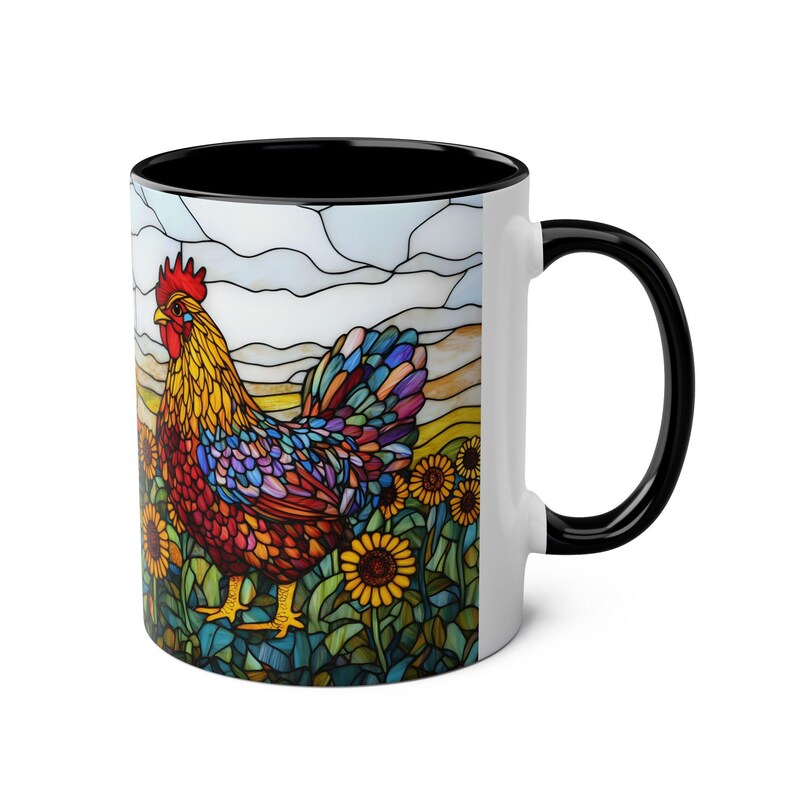 Stained Glass Chicken Mug, Sunflowers Rooster Cup 11oz, Farm Animal Mug, Country Kitchen Gift, Ceramic Chicken Tea Cup, Chicken Lover Gift image 6