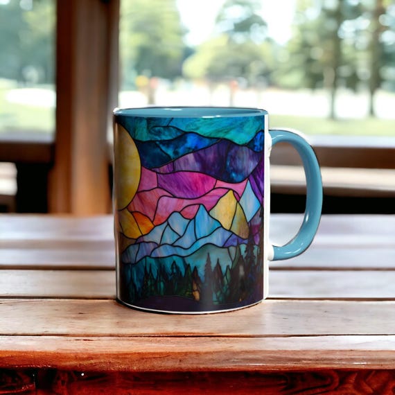 Stained Glass Sunset Mug, Colorful Mountain Coffee Mug, Vibrant Nature Art Mug, Unique Tea Cup Gift, Accent Mug, Wilderness Coffee Cup