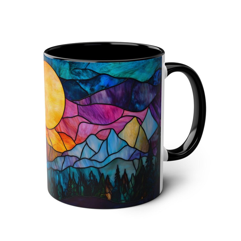 Stained Glass Sunset Mug, Colorful Mountain Coffee Mug, Vibrant Nature Art Mug, Unique Tea Cup Gift, Accent Mug, Wilderness Coffee Cup image 2