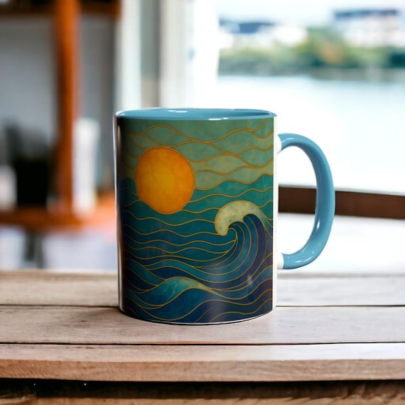 Stained Glass Ocean Wave Mug, Beach Sunset Coffee Mug, Coastal Mug, Surfer Gift, Ocean Lover Gift, Sea Mug, Nautical Mug, Beach House Gift