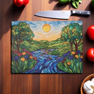 Landscape Glass Cutting Board, Stained Glass Nature Kitchen Decor, Colorful River Chopping Board, Vibrant Floral Tray, Tempered Glass Art