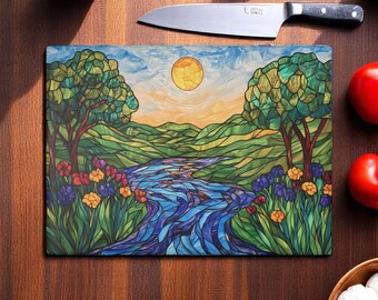 Planche à Découper En Verre Trempé 80x52 Cm | Motif Peinture Abstraite Forêt - Neuf