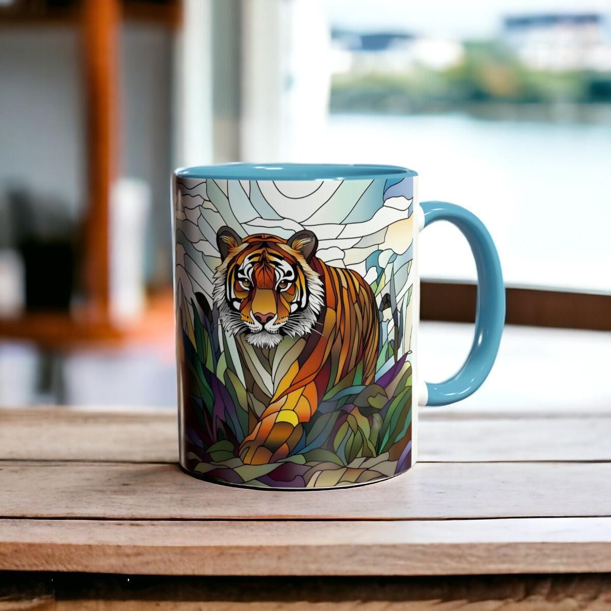 Stained Glass Tiger Mug, Wildlife Coffee Cup, Jungle Animal Ceramic Mug, Colorful Tiger Art, 11oz Nature Gift Animal Lovers Tiger Lover Gift