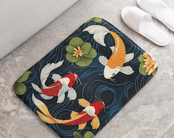Tapis de bain japonais poissons Koi, tapis de salle de bain zen, décoration Feng Shui, tapis de bain nautique Koi étang, tapis de salle de bain oriental, tapis de douche poisson unique