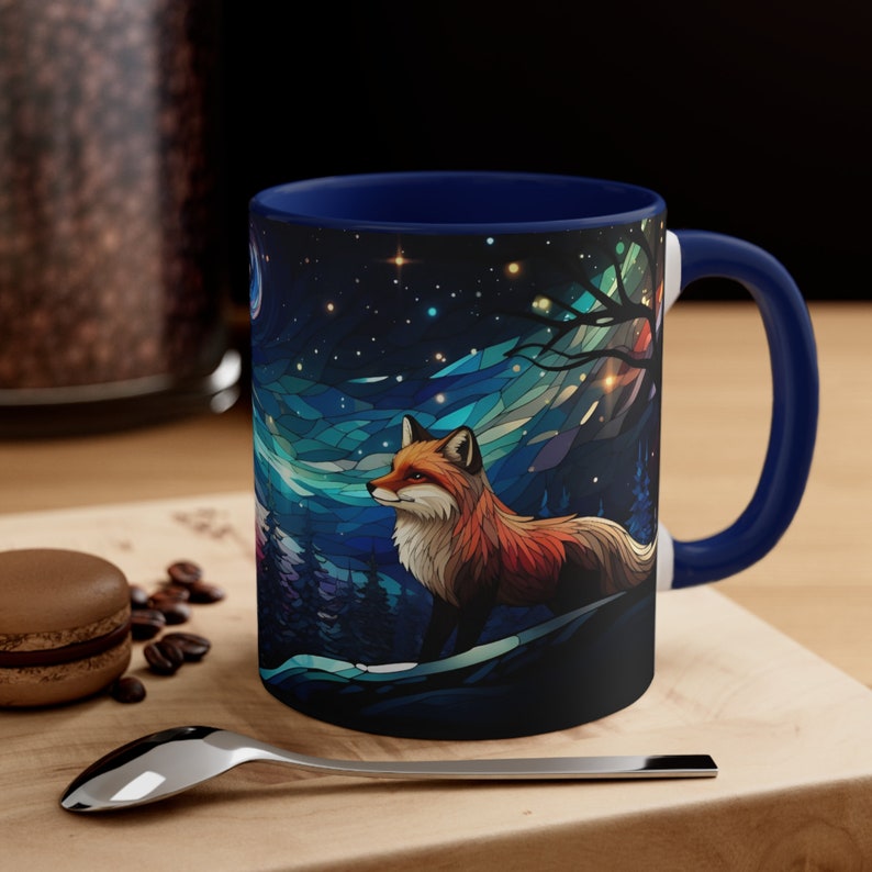 Starry Night Fox Mug - Winter Woodland Ceramic Cup in Stained Glass Design, Fox Coffee Cup, Starry Sky Mug, Forest Animal Mug, Fox Gift image 9