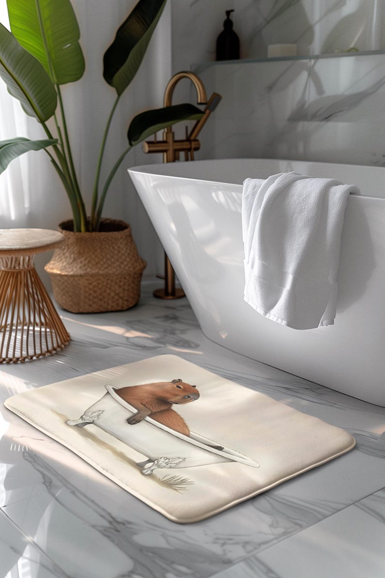 May include: A rectangular bath mat featuring a whimsical illustration of a capybara relaxing in a bathtub. The mat has a beige background and is placed on a marble floor. A white bathtub and towel are in the background.