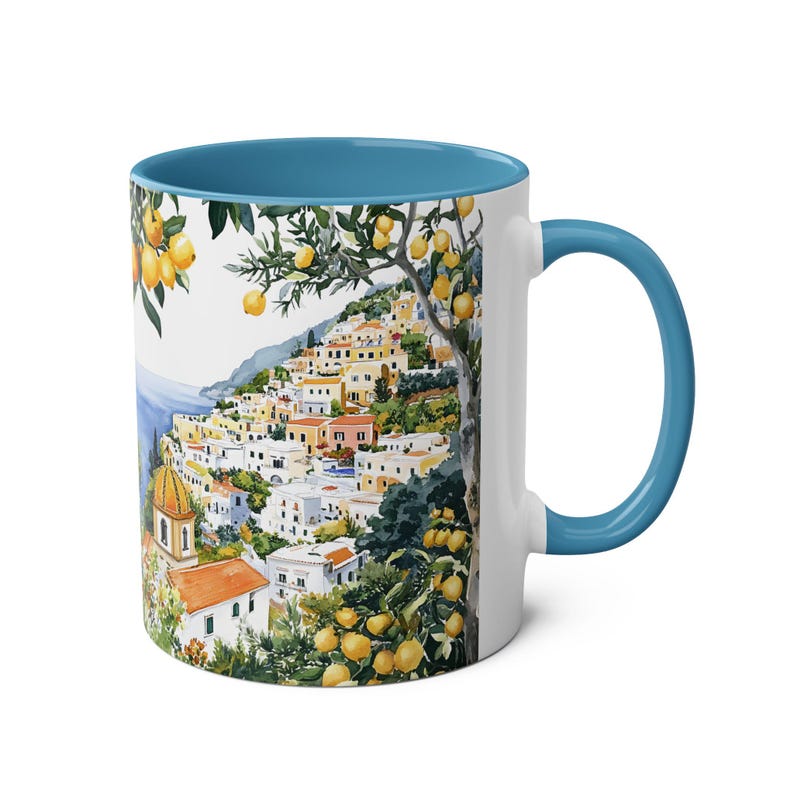 Mok Positano Italië, koffiekopje Amalfikust 11oz, mediterrane reiscadeau, mok citroenkunst, kustlandschap koffiemok natuur Italiaans cadeau afbeelding 4