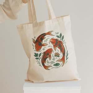 Koi Fish Tote Bag, Japanese Koi Tote, Zen Themed Bag, Spiritual Gift Idea, Koi Fish Book Bag, Artsy Cotton Bag, Nature Koi Fish Lover Gift