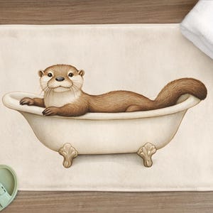 May include: A brown and white otter taking a bath in a white porcelain bathtub with claw feet. The bathtub is on a cream-colored bath mat.