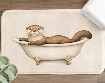 May include: A brown and white otter taking a bath in a white porcelain bathtub with claw feet. The bathtub is on a cream-colored bath mat.