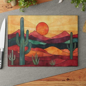 Stained Glass Desert Glass Cutting Board, Landscape Cactus Chopping Board, Nature Arizona Kitchen Decor, Unique Gift for Desert Lovers