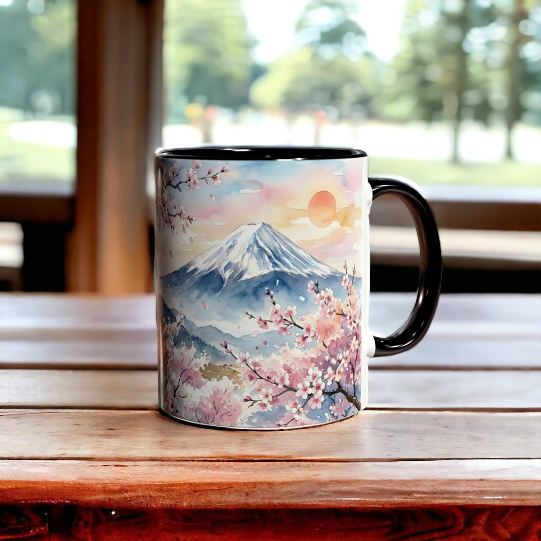 富士山マグカップ、日本の桜のコーヒーカップ 11オンス、桜山陶器
