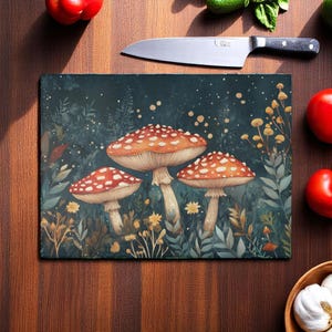 Mushroom Glass Cutting Board, Woodland Kitchen Decor, Cottagecore Chopping Board, Forest Nature Tray, Whimsical Kitchen Gift Fungi Art Board