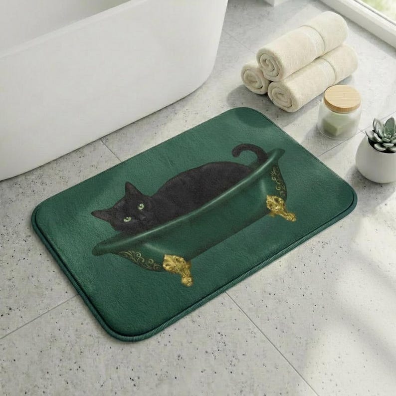 Tapis de bain chat noir, chat drôle dans la baignoire, cadeau pour amoureux des chats, déco gothique de salle de bain, tapis de bain sorcière, tapis de bain mignon, cadeau de pendaison de crémaillère unique image 2