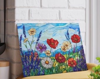 Wildflower Glass Cutting Board Tempered, Floral Kitchen Decor, Botanical Serving Tray, Cottagecore Chopping Board, Pretty Garden Lover Gift