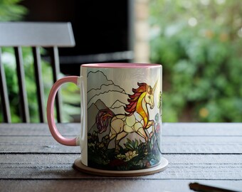 ステンドグラス ユニコーン マグカップ、ファンタジー コーヒーカップ