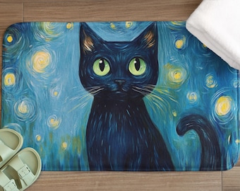 Schwarze Katzen Badematte, Sternennachtkatze Badezimmer Teppich, künstlerische Katzenliebhaber Dekoration, einzigartiger Badezimmerakzent, Geschenk für Katzenliebhaber