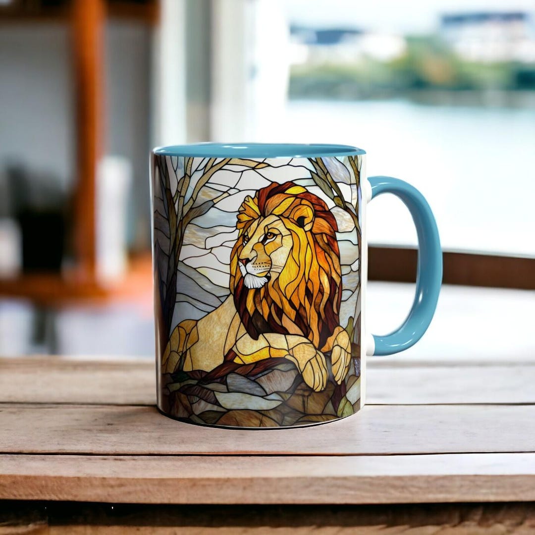 ステンドグラスのライオンコーヒーマグ：野生動物の動物アート