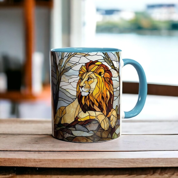 ステンドグラスのライオンコーヒーマグ：野生動物の動物アート