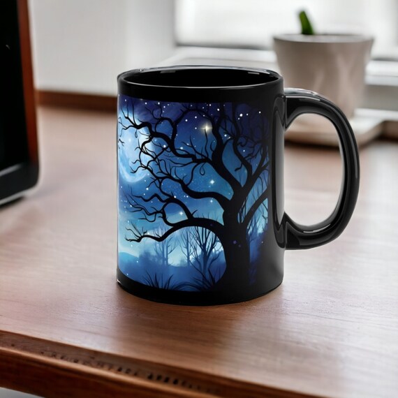 Night Sky Mug, Starry Night Coffee Mug, Celestial Forest Mug, Moonlit Tree Mug, Dark Aesthetic Gift for Stargazers
