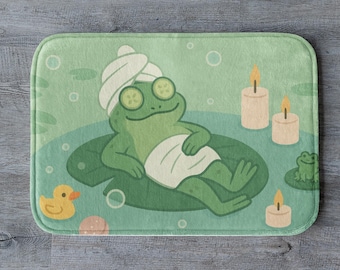 Funny Frog Spa Bath Mat, Cute Frog Bathroom Decor, Green Frog Lover Gift, Cottagecore Bath Rug, Unique Bathroom Mat, Kids Housewarming Gift