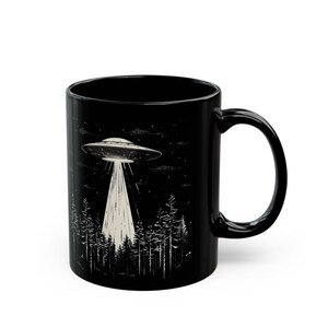 UFO Coffee Mug, Black UFO Mug, UFO Over Forest Ceramic 11oz, Alien Coffee Cup, Space Cup, Alien Gift, Sci-Fi Mug, Gift for Sci-Fi Lovers image 4