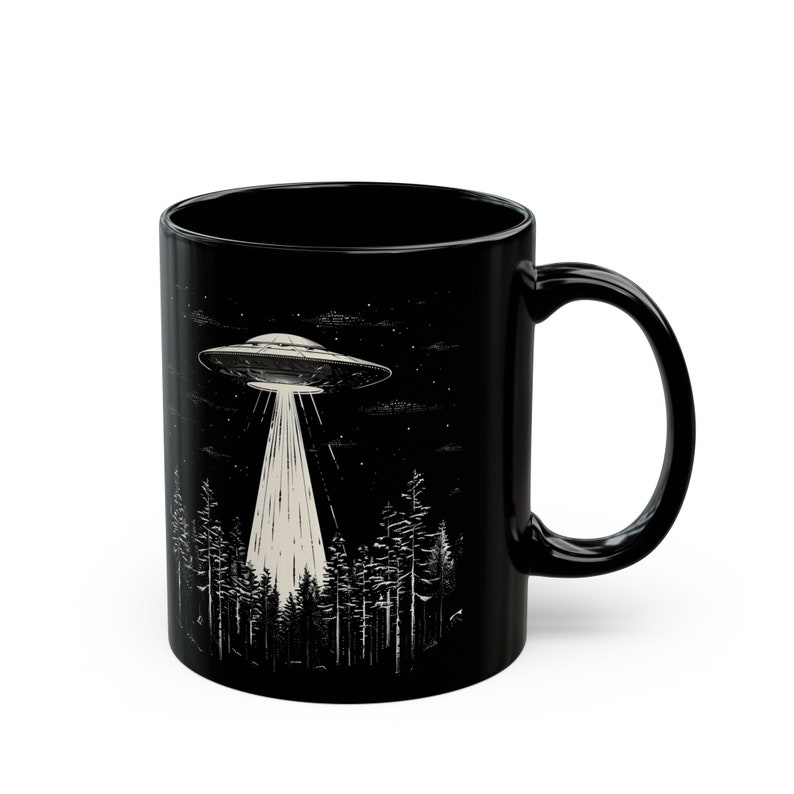 UFO Coffee Mug, Black UFO Mug, UFO Over Forest Ceramic 11oz, Alien Coffee Cup, Space Cup, Alien Gift, Sci-Fi Mug, Gift for Sci-Fi Lovers image 4