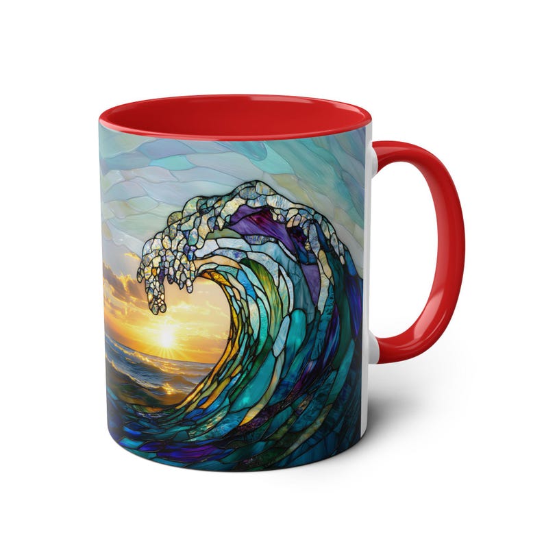 Tazza in vetro colorato con onda oceanica, tazza da caffè da spiaggia, regalo per gli amanti dell'oceano, tazza con decorazione per la casa costiera, tazza in ceramica con onda marina da 11 once immagine 10