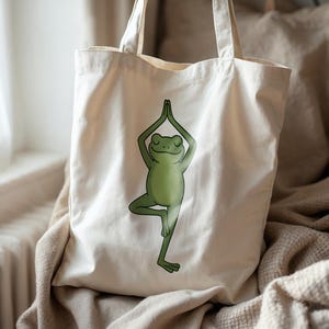 Yoga Frog Tote Bag, Cute Frog Tote, Funny Animal Tote, Gift For Yogis, Cottagecore Tote, Frog Lover Gift, Eco Cotton Shopper Bag, Frog Gift