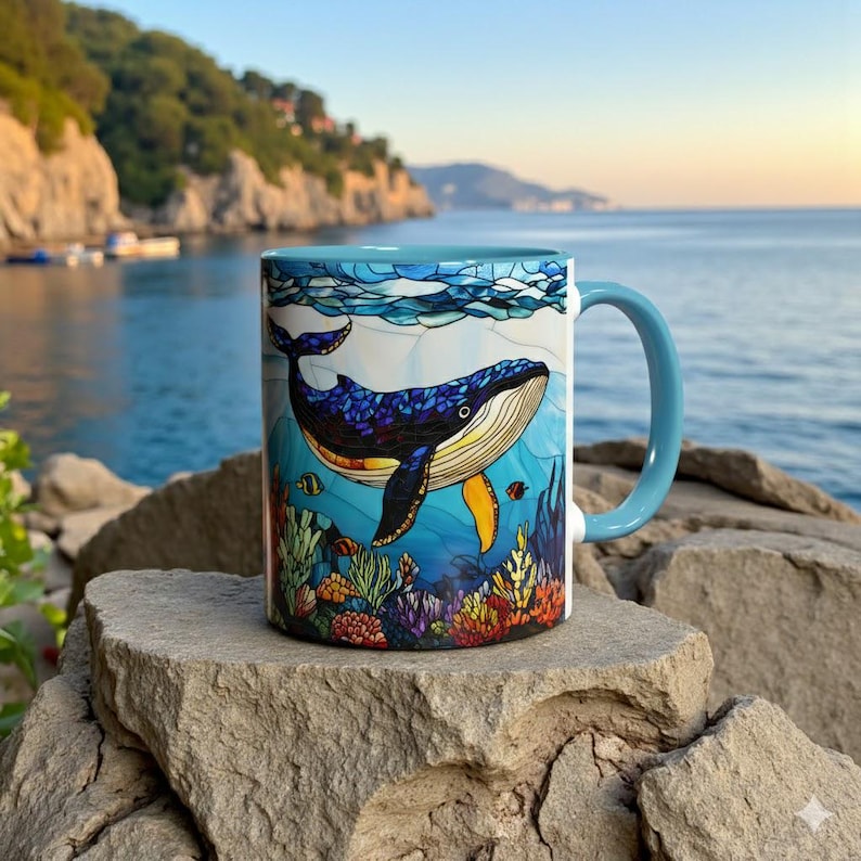 May include: A ceramic mug with a blue handle and rim, featuring a stained-glass style illustration of a whale swimming underwater. The design includes colorful coral and fish. The mug is set on a rock with a scenic ocean backdrop.