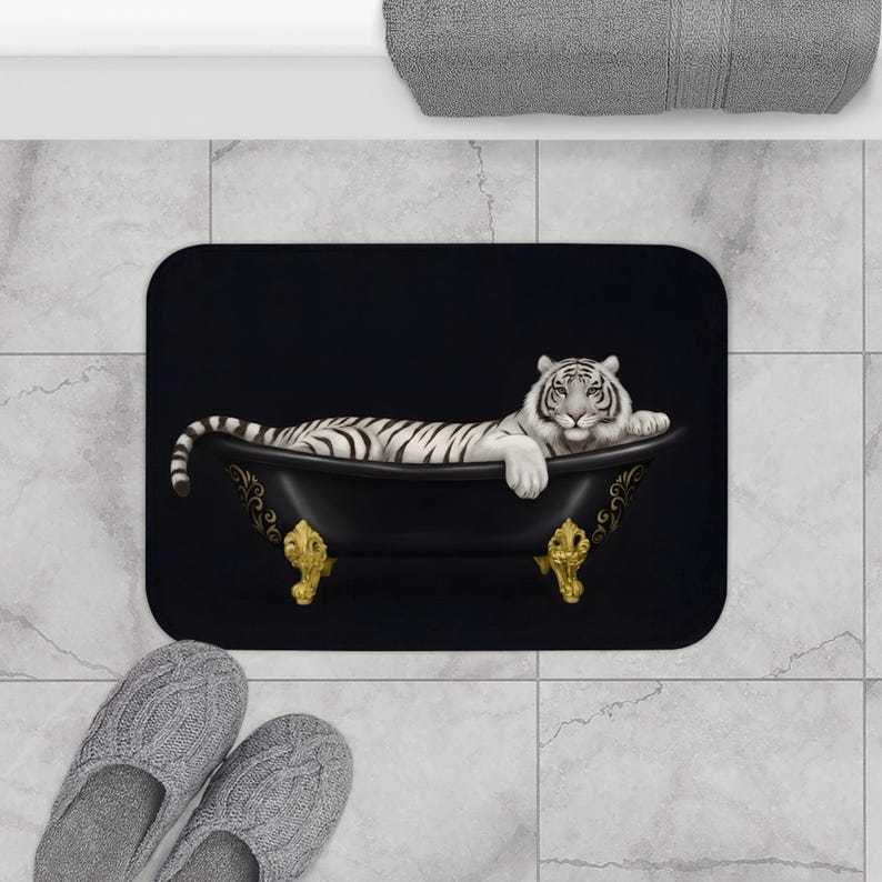White Tiger Bath Mat, Tiger in Bathtub, Unique Bathroom Rug, Animal Lover Gift, Jungle Bathroom Decor, Cute Bath Mat, Housewarming Gift image 5