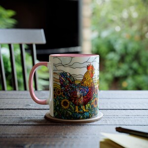 Stained Glass Chicken Mug, Sunflowers Rooster Cup 11oz, Farm Animal Mug, Country Kitchen Gift, Ceramic Chicken Tea Cup, Chicken Lover Gift image 8