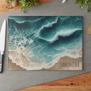 Personalized Ocean Glass Cutting Board, Coastal Wave Kitchen Decor, Custom Name Beach Tray, Sea Art Cutting Board, Tempered Glass Board