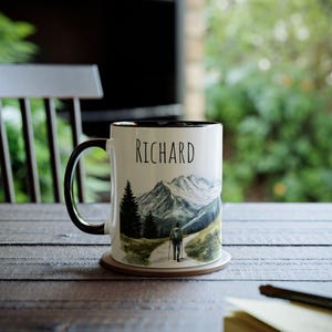 Personalized Hiker Mug, Custom Name Ceramic Hiking Coffee Mug, Mountain Landscape Tea Cup, Personalised Gift for Hikers & Nature Lovers image 2