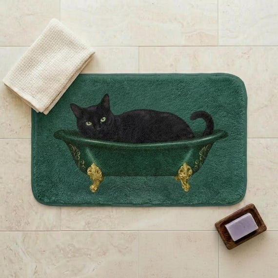 Black Cat Bath Mat, Funny Cat in Bathtub, Cat Lover Gift, Gothic Bathroom Decor, Witchy Bath Rug, Cute Bath Mat, Unique Housewarming Gift