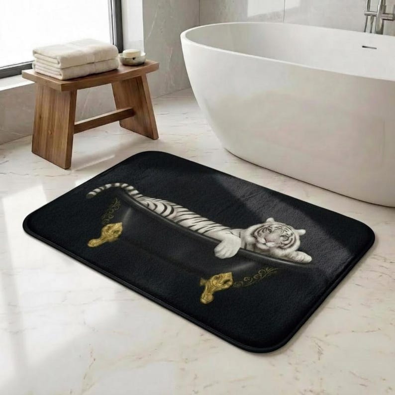 White Tiger Bath Mat, Tiger in Bathtub, Unique Bathroom Rug, Animal Lover Gift, Jungle Bathroom Decor, Cute Bath Mat, Housewarming Gift image 3