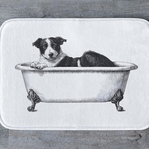 Dog Bath Mat, Black and White Pup Bathroom Rug, Cute Animal Decor, Funny Dog Lover Gift, Non-Slip Pet Bathroom Shower Mat, Dog Floor Rug
