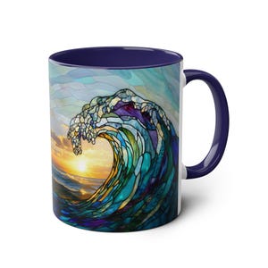 Tazza in vetro colorato con onda oceanica, tazza da caffè da spiaggia, regalo per gli amanti dell'oceano, tazza con decorazione per la casa costiera, tazza in ceramica con onda marina da 11 once immagine 9