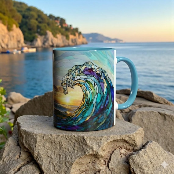Stained Glass Ocean Wave Mug, Beach Coffee Cup, Ocean Lover Gift, Coastal Home Decor Mug, Sea Wave Ceramic Mug 11oz
