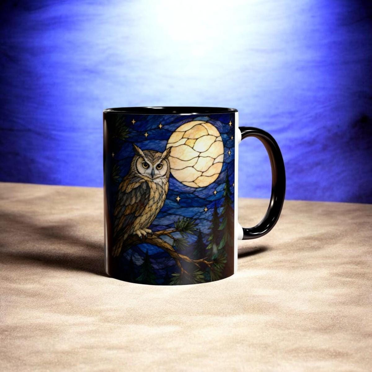 Stained Glass Owl Mug, Full Moon Ceramic Coffee Mug, Night Owl Gift, Bird Lover Gift, Woodland Natur