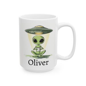 Caneca personalizada com tema alienígena, caneca de cerâmica para café extraterrestre de 325ml ou 445ml, caneca com nome personalizado, presente para quem acredita em alienígenas, presente para fãs de OVNIs, presente para amantes do espaço. imagem 3