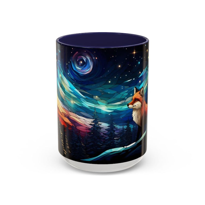 Starry Night Fox Mug - Winter Woodland Ceramic Cup in Stained Glass Design, Fox Coffee Cup, Starry Sky Mug, Forest Animal Mug, Fox Gift image 12
