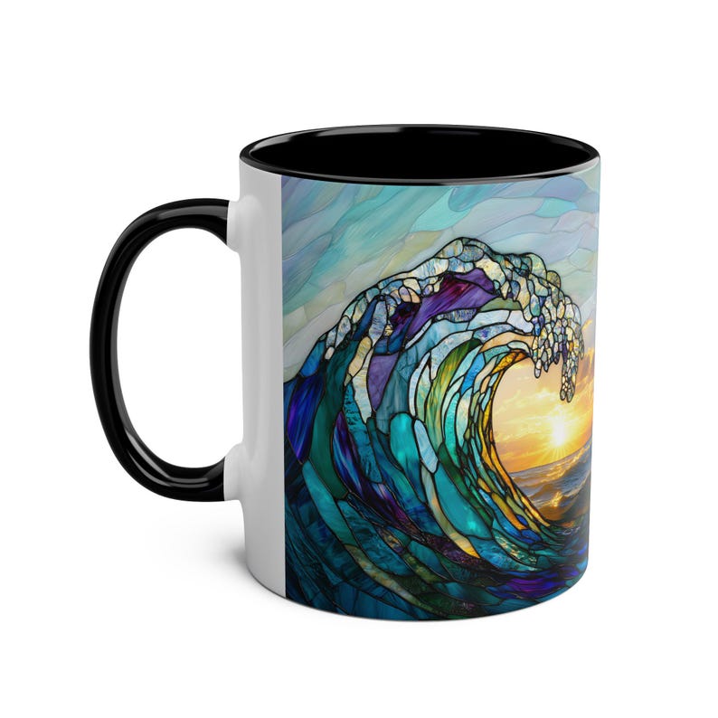Tazza in vetro colorato con onda oceanica, tazza da caffè da spiaggia, regalo per gli amanti dell'oceano, tazza con decorazione per la casa costiera, tazza in ceramica con onda marina da 11 once immagine 5