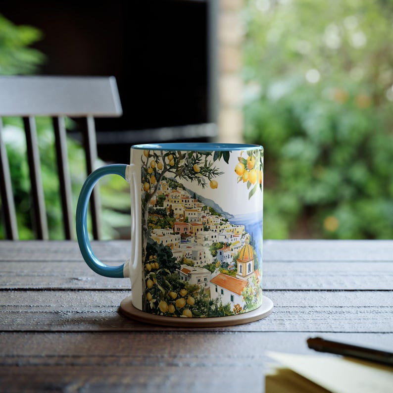 Mok Positano Italië, koffiekopje Amalfikust 11oz, mediterrane reiscadeau, mok citroenkunst, kustlandschap koffiemok natuur Italiaans cadeau afbeelding 2