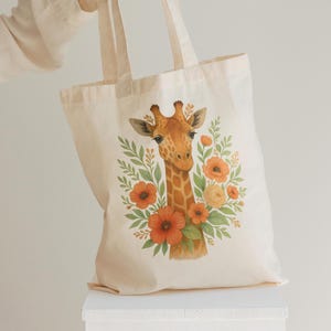 Cute Giraffe Tote Bag, Floral Animal Tote, Safari Chic Bag, Giraffe Lover Gift, Boho Giraffe Bag, Cotton Grocery, Botanical Animal Tote