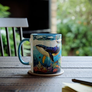 Stained Glass Whale Mug, Humpback Whale Coffee Cup, Ocean Lover Gift, Marine Life Mug, Sea Animal Ceramic Cup, Coastal Mug 11oz image 2