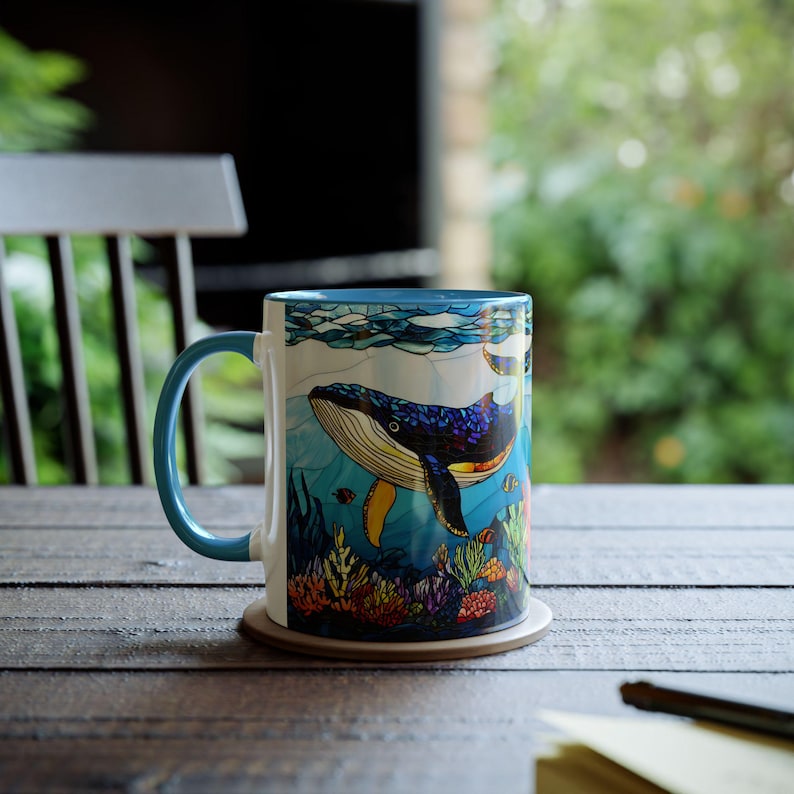 Stained Glass Whale Mug, Humpback Whale Coffee Cup, Ocean Lover Gift, Marine Life Mug, Sea Animal Ceramic Cup, Coastal Mug 11oz image 2