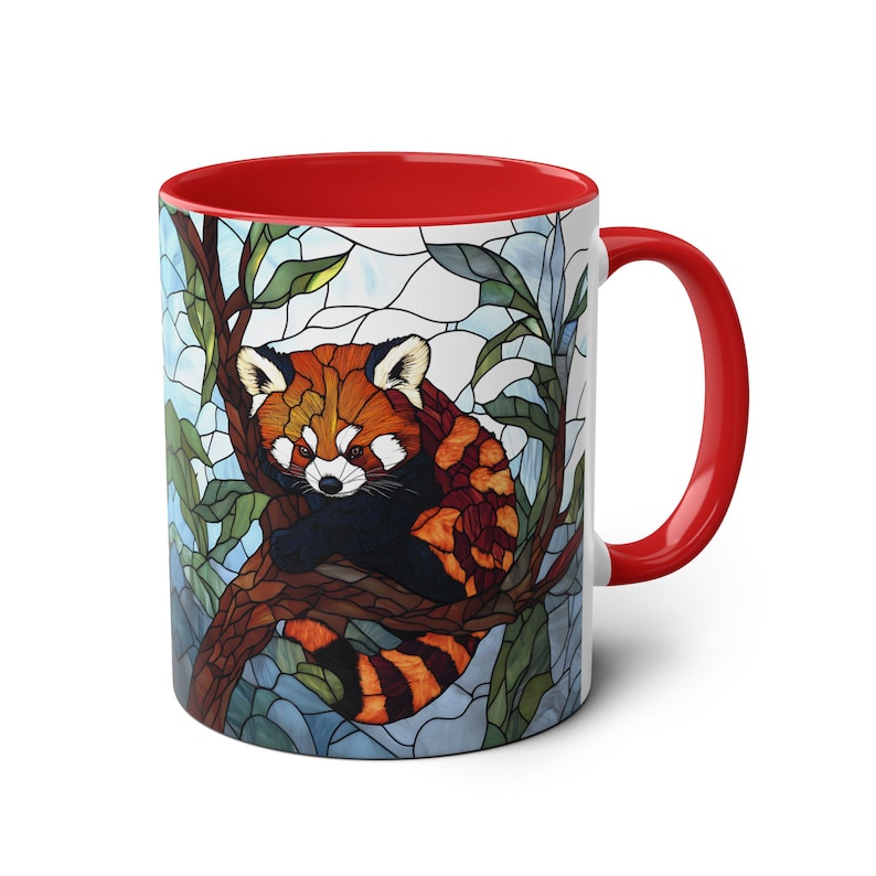 Taza de panda rojo de 325 ml, taza de café con diseño de animales salvajes, regalo para amantes del panda rojo, vajilla con diseño de animales en vidrieras, taza estilo cottagecore, regalo único con temática animal. imagen 7